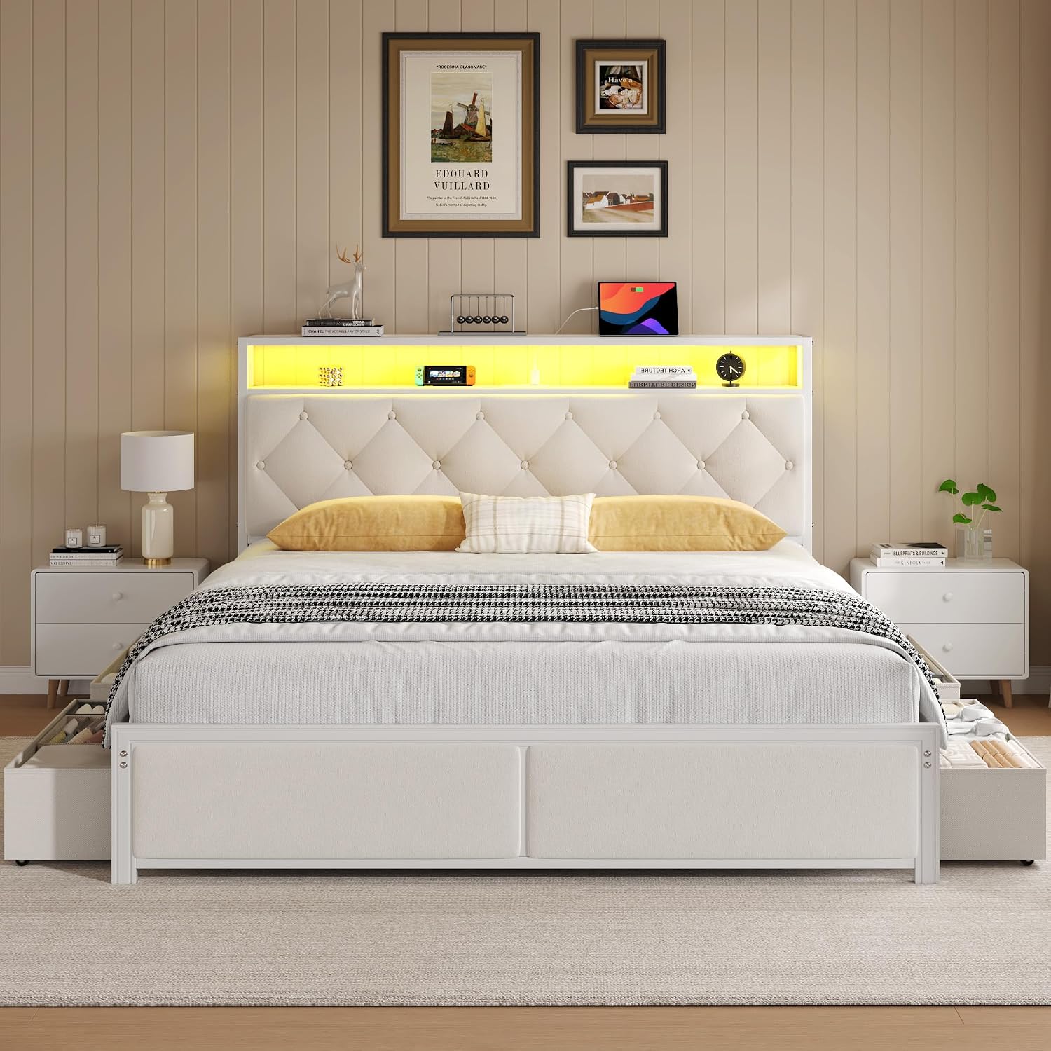 Fluest Queen Bed Frame with Headboard, Storage Drawers, Fast Charging Station, Led Lights, Bed Frame Queen Size with Fabric Drawers, Metal Structure, No Box Spring Needed, Easy Assembly, Beige