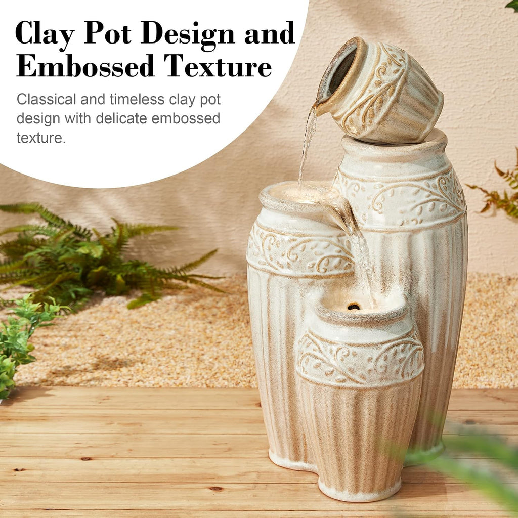 Glitzhome 27.25' H Outdoor Garden Water Fountain with LED Lights and Pump, 4 Tier Sand Beige Embossed Pattern Ceramic Pots Cascading Floor Standing Fountain for Porch Deck Patio Backyard Decoration