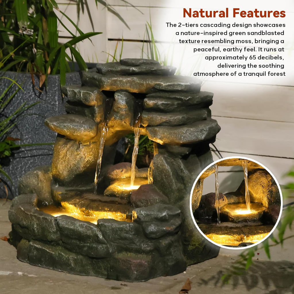 Bumilgar 15.6' H Small Garden Outdoor Rock Water Fountain with LED Lights, 3-Tier Cascading Waterfall Fountain for Patio, Porch, Backyard & Indoor Home Decor