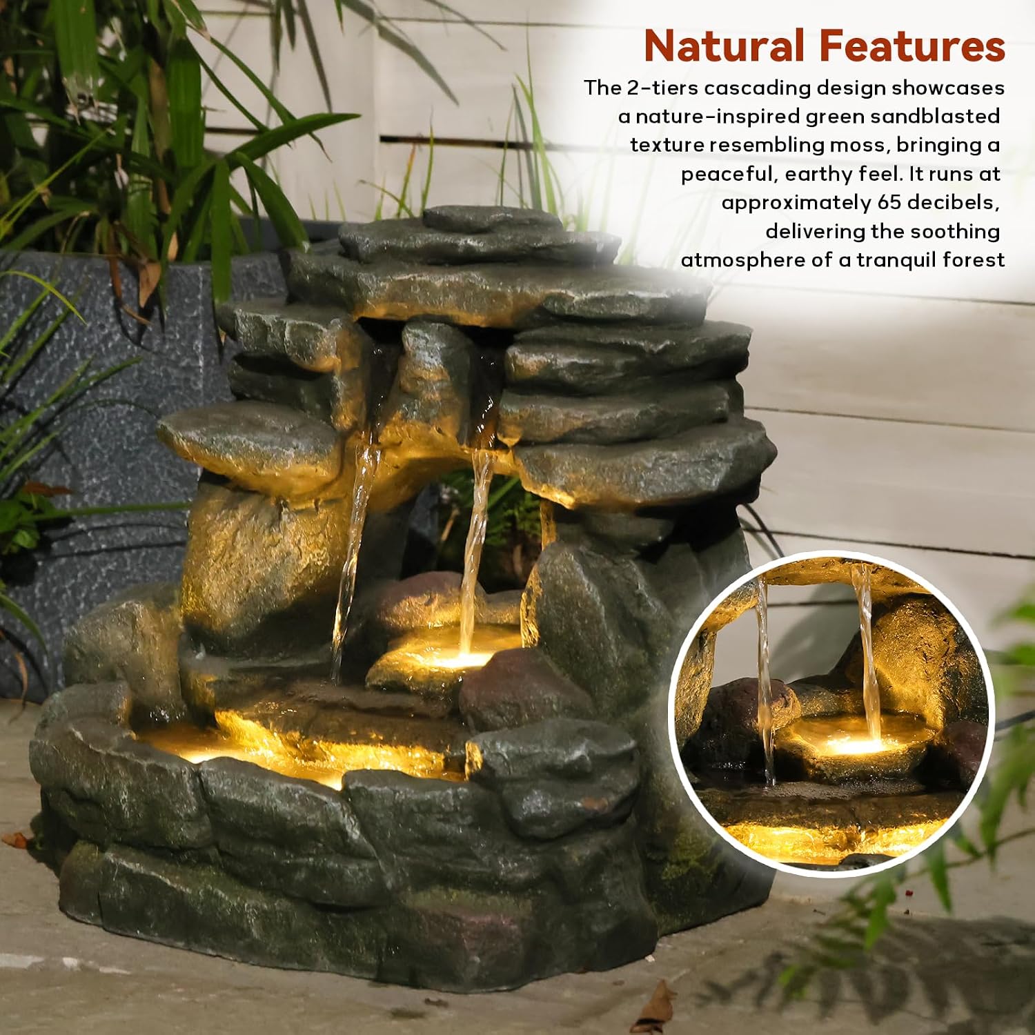 Bumilgar 15.6' H Small Garden Outdoor Rock Water Fountain with LED Lights, 3-Tier Cascading Waterfall Fountain for Patio, Porch, Backyard & Indoor Home Decor