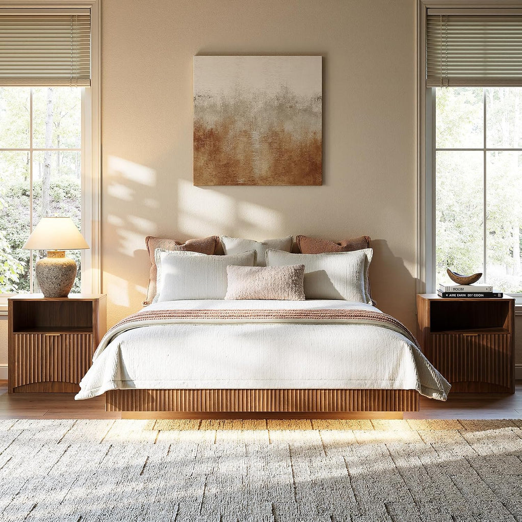 Evermagin Walnut Queen Floating Bed Frame with led Lights, Fluted Platform Bed No Headboard, Heavy Duty Mid Century Modern Float Metal Bedframe, No Box Spring Needed (Walnut, Queen-10in high)