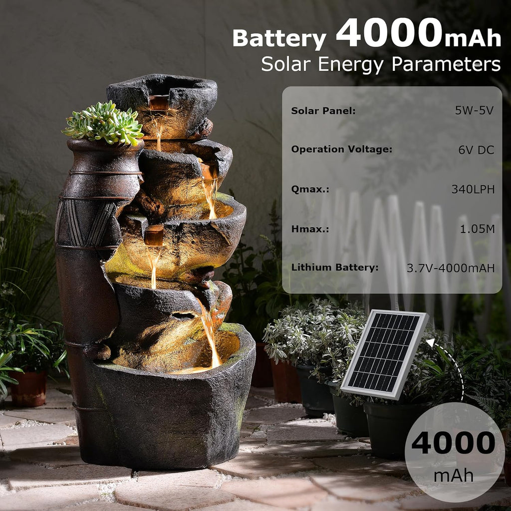 5 Tier Rock Solar Water Fountain Outdoor with Vintage Jar, Cascading Waterfall Fountain with LED Lights, Outdoor Fountains for Garden or Patio, Yard, Deck Decor, 16.5' L x 12.6' W x 31.7' H