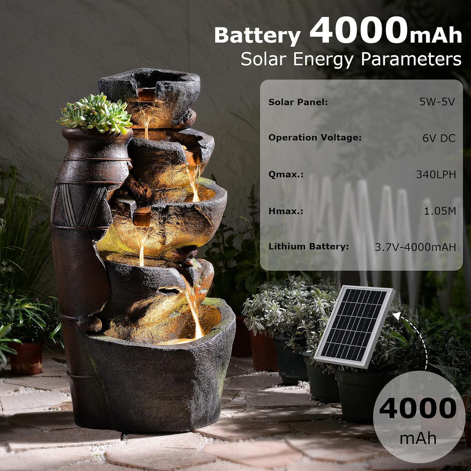 5 Tier Rock Solar Water Fountain Outdoor with Vintage Jar, Cascading Waterfall Fountain with LED Lights, Outdoor Fountains for Garden or Patio, Yard, Deck Decor, 16.5' L x 12.6' W x 31.7' H