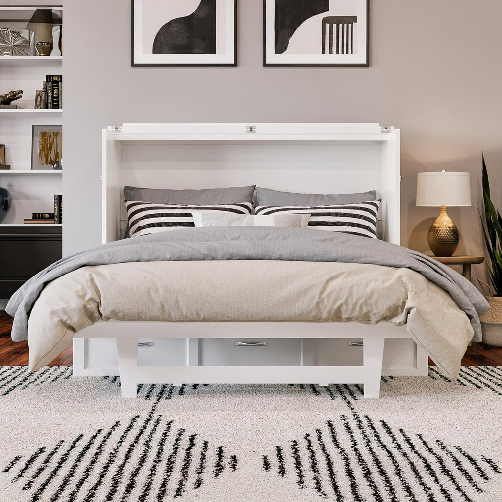 AFI, Northfield Murphy Bed Chest Full with 6' Mattress, Storage Drawer & Built-in USB Charger, White