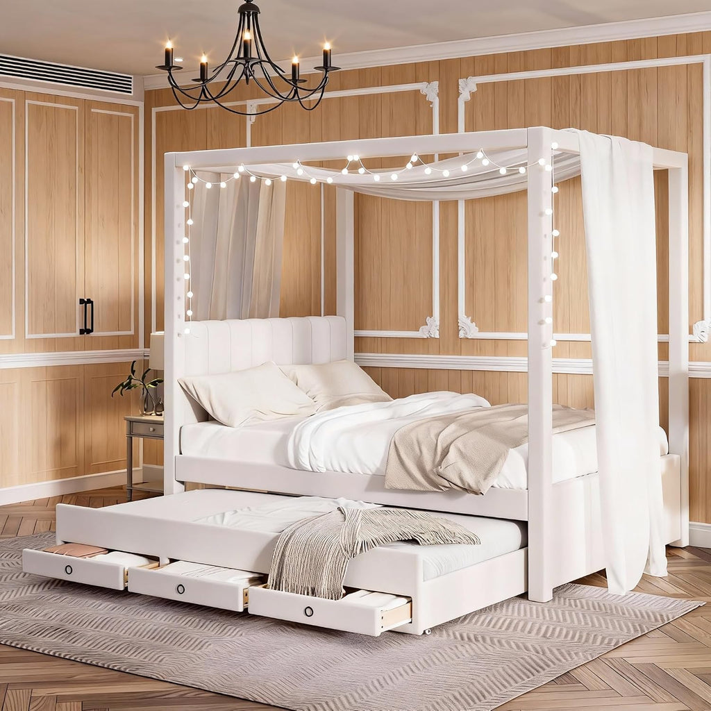 Modern Full Size Upholstery Canopy Platform Bed with Trundle and 3 Storage Drawers, Full Size Linen Storage Platform Bed with Backrest and Wood Slat Support for Kids and Teens (Beige, Full)