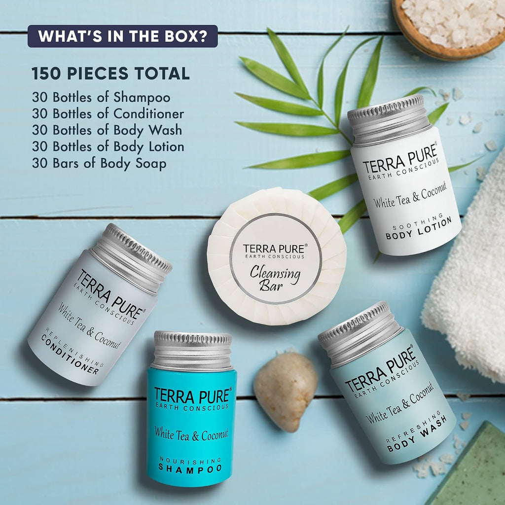 Terra Pure White Tea and Coconut | 150 pcs 1oz Shampoo and Conditioner, Body Wash, Lotion, 1.25oz Cleansing Bar and 100 pcs Bar Soap