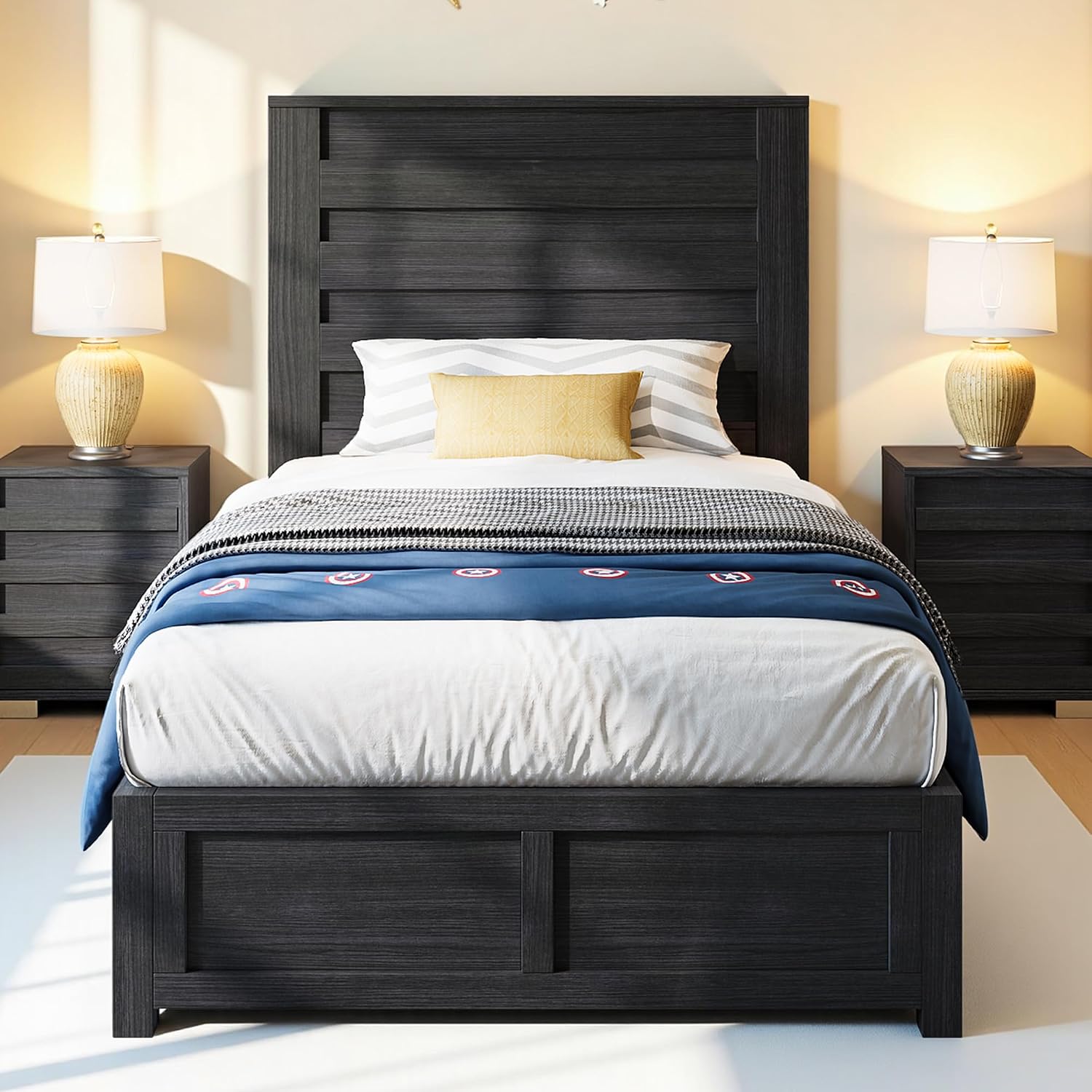 Albott Farmhouse Twin Platform Bed with 49' Fluted Headboard, Wood Bed Frame with Natural Grain Finish, No Box Spring Needed, Noise-Free, Black