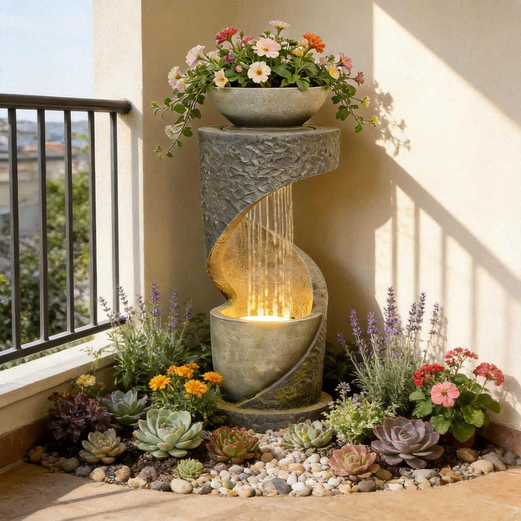 Tiered Outdoor Water Fountain, Modern Spiral Cascading Waterfall Fountain with Planter, Freestanding Resin Indoor Water Feature for Room, Garden, Patio, Deck, 31.5'H with Light Stone-Texture