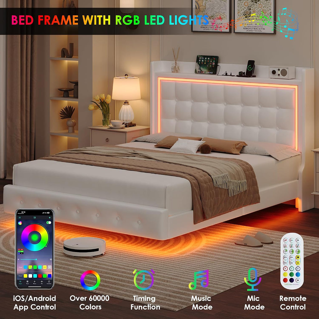 Keyluv Upholstered Queen Floating Bed Frame with LED Lights and Charging Station, Pu Leather Platform Bed with Button Tufted Storage Headboard, Type-C & USB Charging Ports, No Box Spring Needed, White