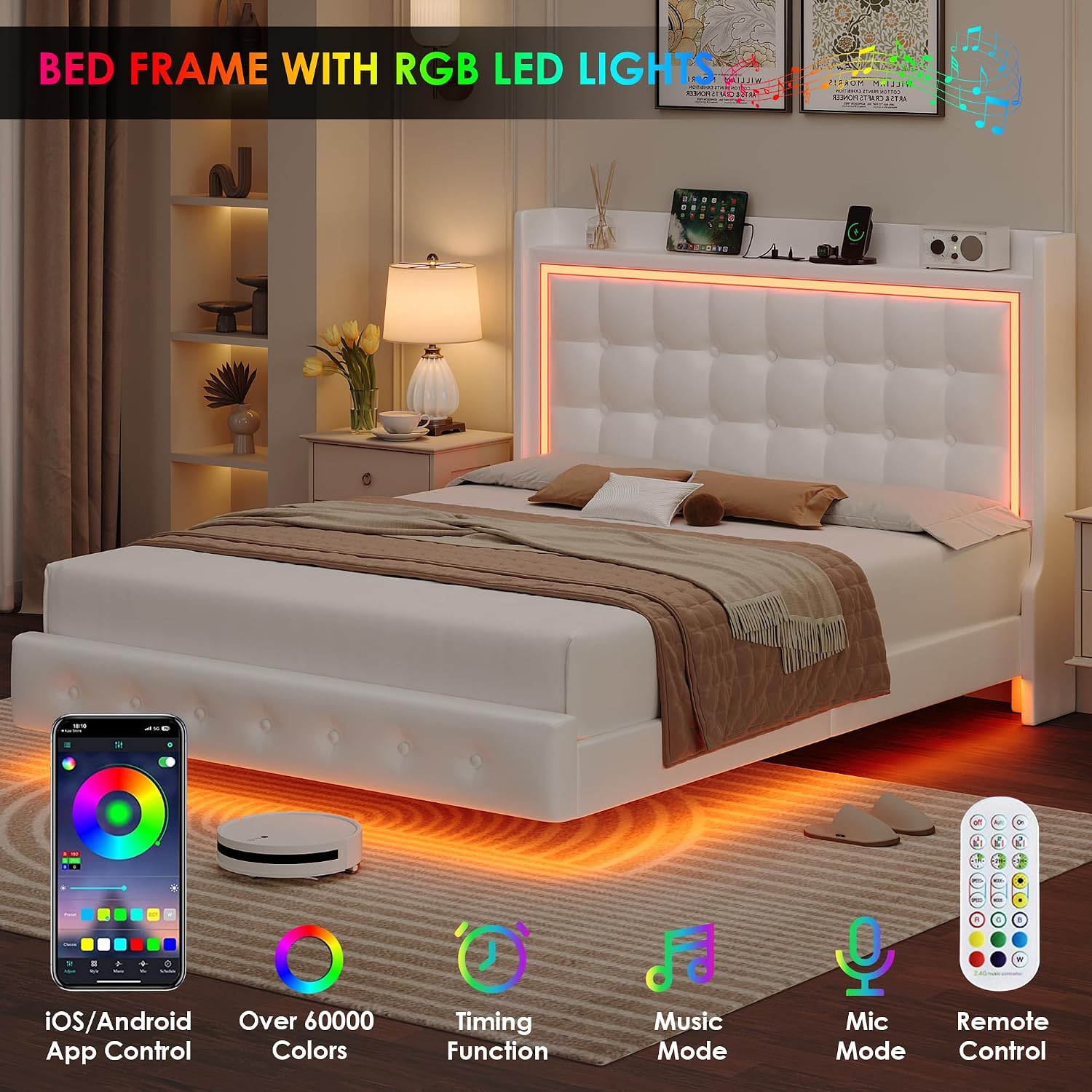 Keyluv Upholstered Full Floating Bed Frame with LED Lights and Charging Station, Pu Leather Platform Bed with Button Tufted Storage Headboard, Type-C & USB Charging Ports, No Box Spring Needed, White