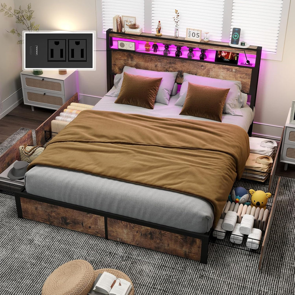 Queen Size Bed Frame with 4 Storage Drawers and Headboard with Charging Station and LED Lights,2 Tier Solid Wood Headboard Storage,Noise Free, No Box Spring Needed/Remote Control/Vintage Brown