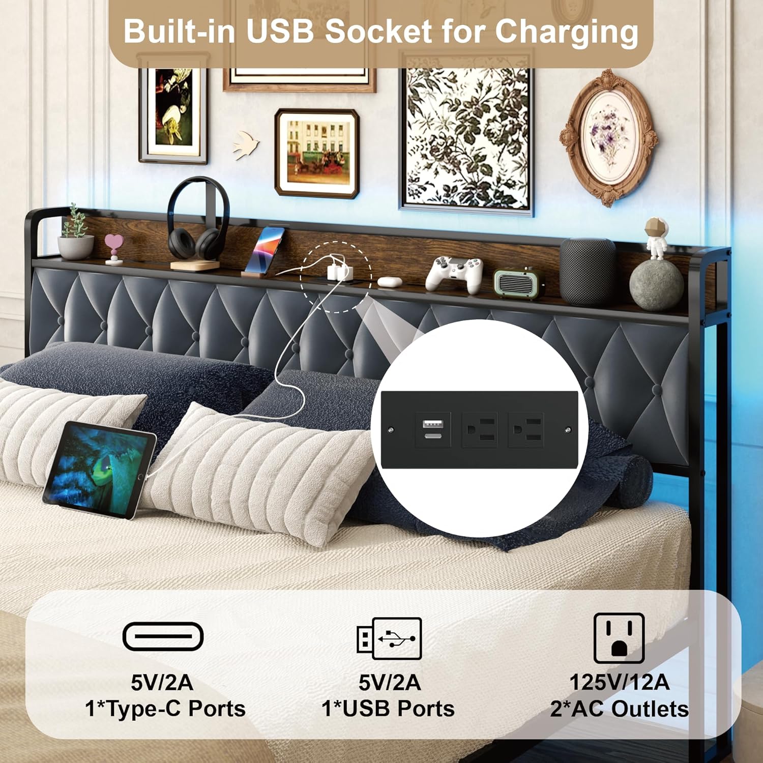 Sismplly Queen Size Metal Platform Bed Frame with 2 Storage Drawers & LED Light, Upholstered Headboard with Charging Station, No Box Spring Needed, Brown Wood Panel