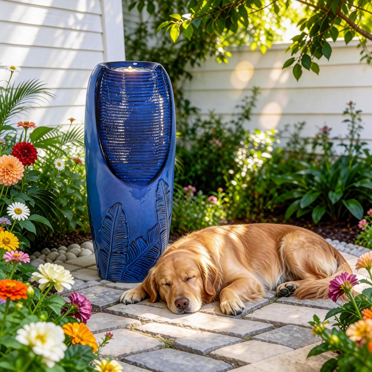 33' H Outdoor Garden Fountain with LED Lights, Modern Ceramic Jar Water Fountain, 3D Tropical Leaf Pattern, Cobalt Blue Glaze, Soothing Cascading Waterfall for Relaxing Patio, Yard, Porch