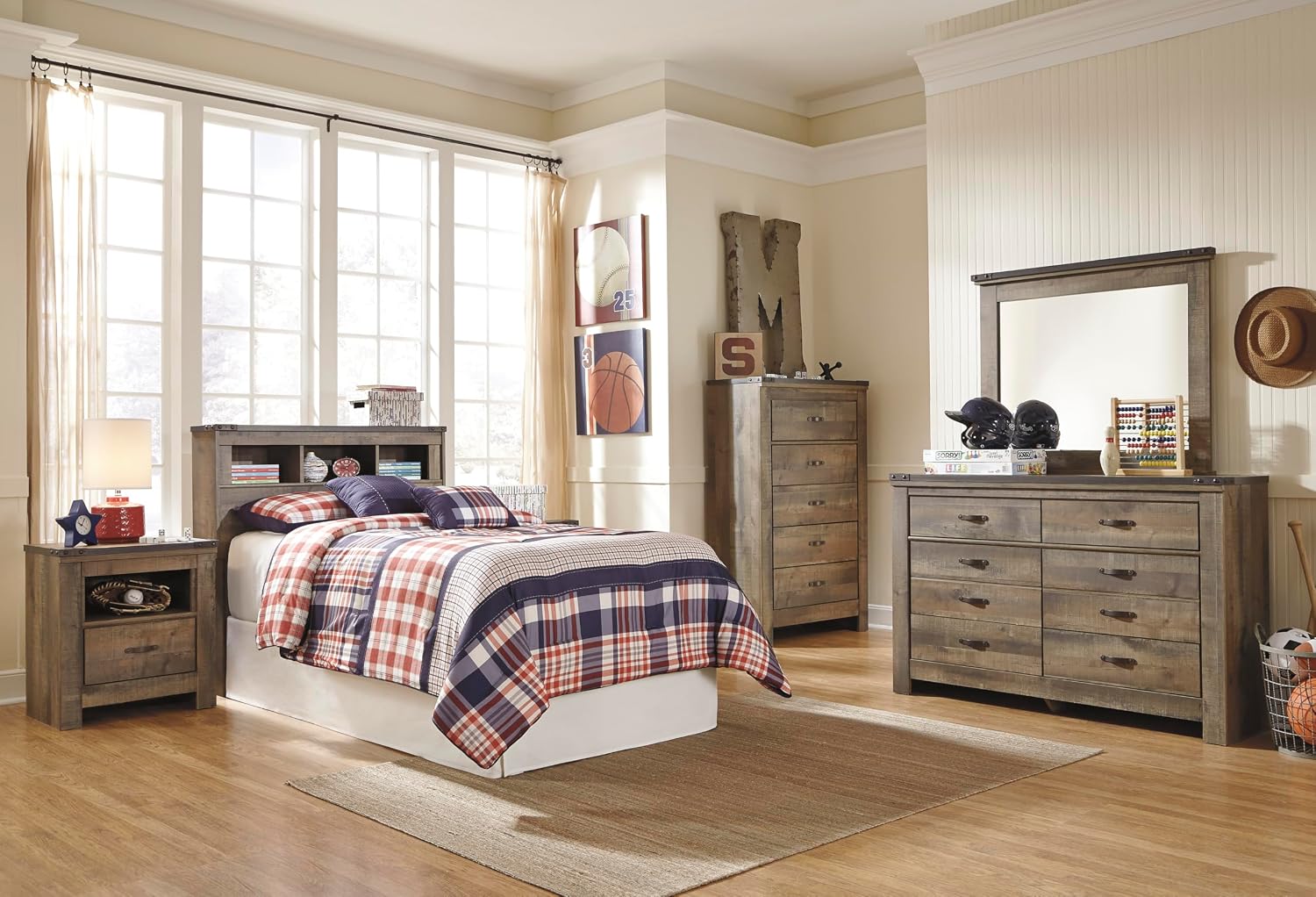 Signature Design by Ashley Trinell Rustic 5 Drawer Chest of Drawers with Nailhead Trim, Warm Brown