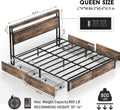 Queen Size Bed Frame with 4 Storage Drawers and Headboard with Charging Station and LED Lights,2 Tier Solid Wood Headboard Storage,Noise Free, No Box Spring Needed/Remote Control/Vintage Brown