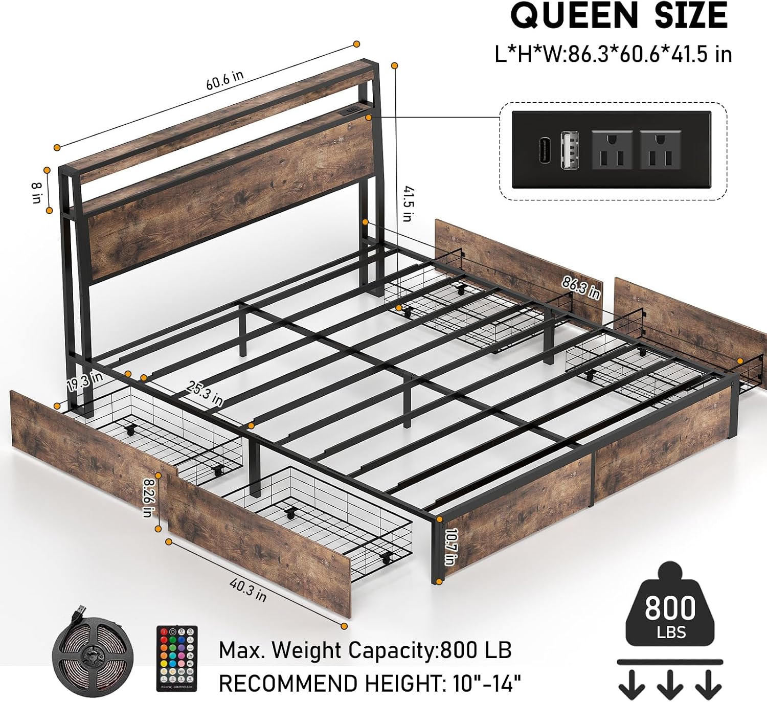 Queen Size Bed Frame with 4 Storage Drawers and Headboard with Charging Station and LED Lights,2 Tier Solid Wood Headboard Storage,Noise Free, No Box Spring Needed/Remote Control/Vintage Brown