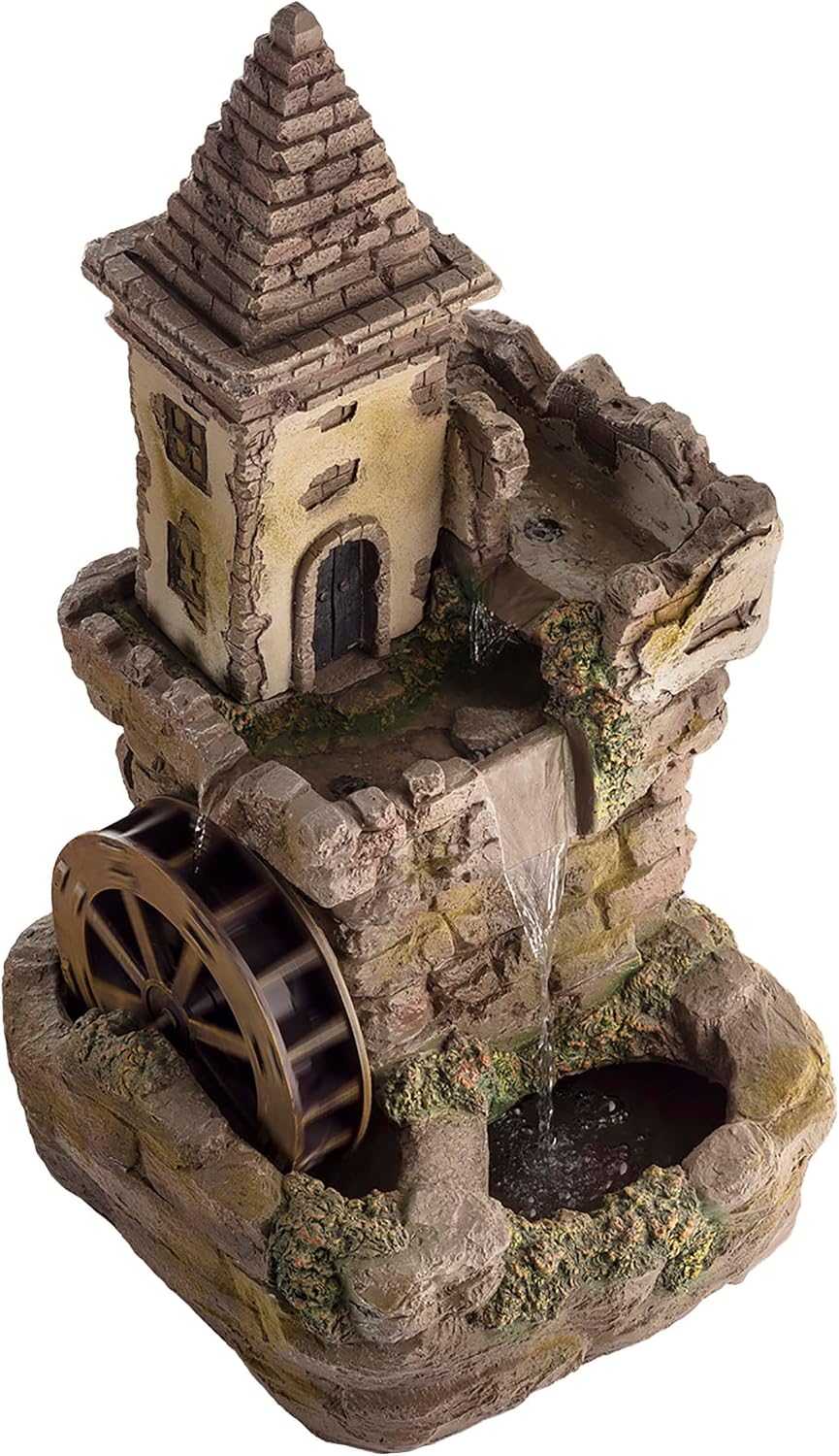 Alpine Corporation USA1164 Outdoor Floor Tiered Fairy Castle Waterwheel Water Fountain with Realistic Stone Look, 35', Brown