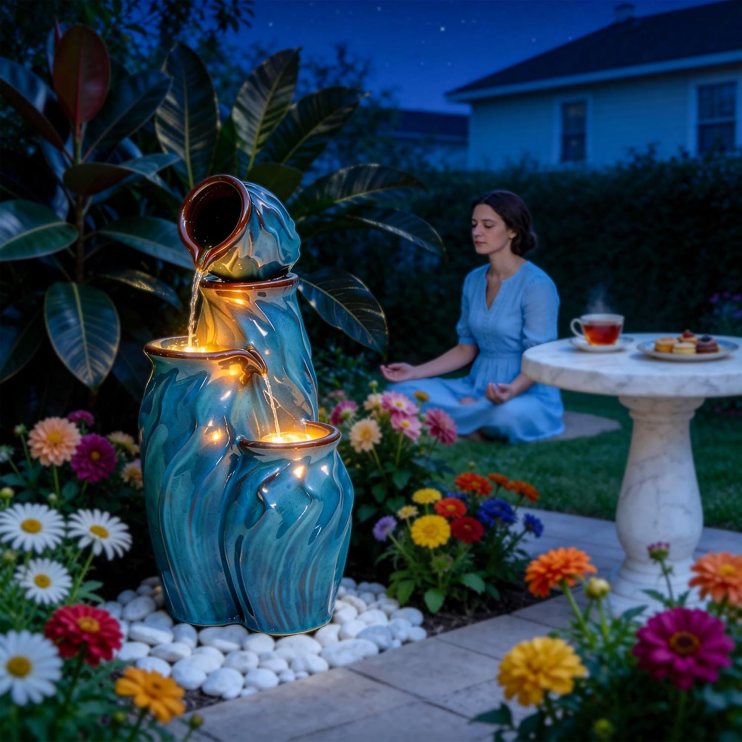 29' Outdoor Water Fountain, Ceramic Outdoor Fountain, Stacked 4-Tier Pots Waterfalls for Garden, Patio, Yard, or Porch Decor, Creating Relaxing Serene Oasis, Dynamic Wave-Texture, Turquoise