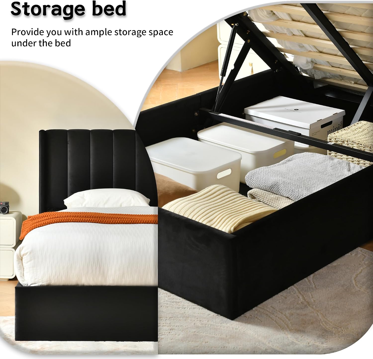 YUHUASHI Queen Size Hydraulic Storage Bed, Upholstered Platform Bed Frame, Modern Wingback Design Headboard, Velvet Fabric with Hydraulic Support Bars, No Box Spring Required (Black, Full)