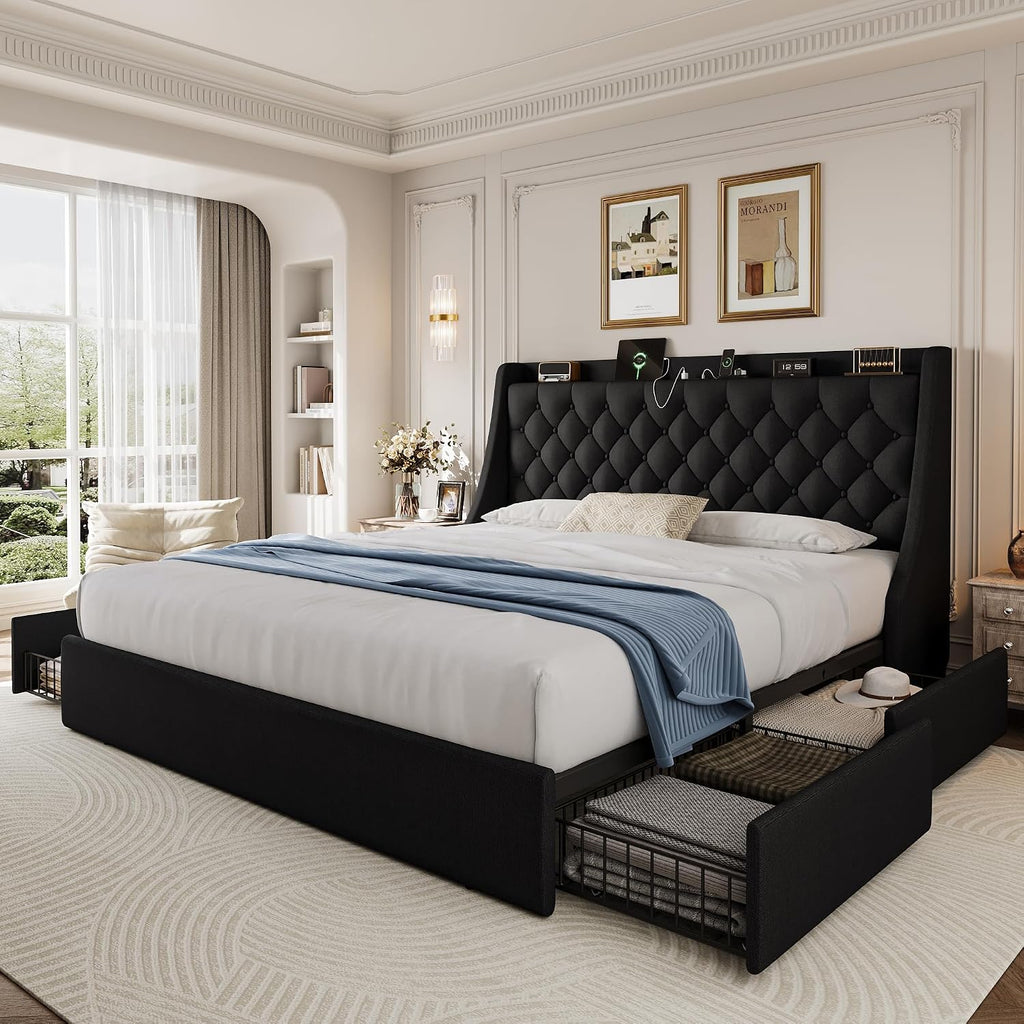 Bed Frame King Size with 4 Storage Drawers & Charging Station, Linen Upholstered Platform Bed with Button Tufted Wingback Headboard, Sturdy Wooden Support Slats, No Box Spring Needed, Black