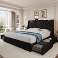Bed Frame King Size with 4 Storage Drawers & Charging Station, Linen Upholstered Platform Bed with Button Tufted Wingback Headboard, Sturdy Wooden Support Slats, No Box Spring Needed, Black