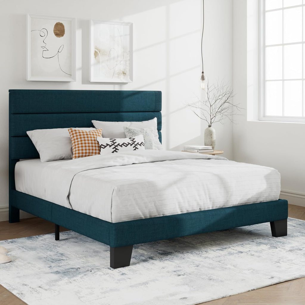 SHA CERLIN Queen Platform Bed Frame with Upholstered Fabric Headboard, Mattress Foundation with Strong Wooden Slats Support, No Box Spring Needed, Blue