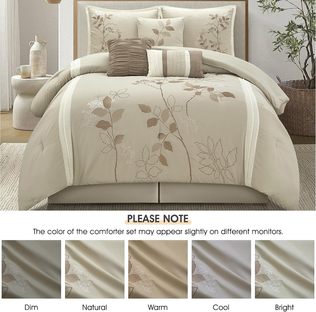 LANCO MODERN LIFESTYLE Beige Queen Comforter Set, 7 Pieces Bed in a Bag, Elegant Floral Leaves Embroidery, Soft and Lightweight All Seasons Bedding Set, Bedskirt, Pillow Shams, Decor Pillows