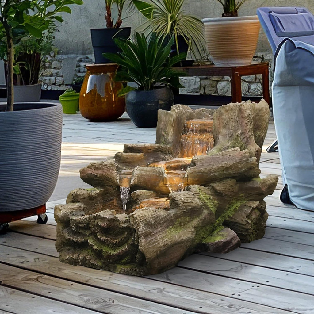 Sunlinua 34.25' L Outdoor Water Fountain with 3 Tiers Large Cascading Realistic Tree Trunk Waterfall Fountains with LED Lights Outdoor Water Fountain for Garden Patio Backyard Porch Home Decor