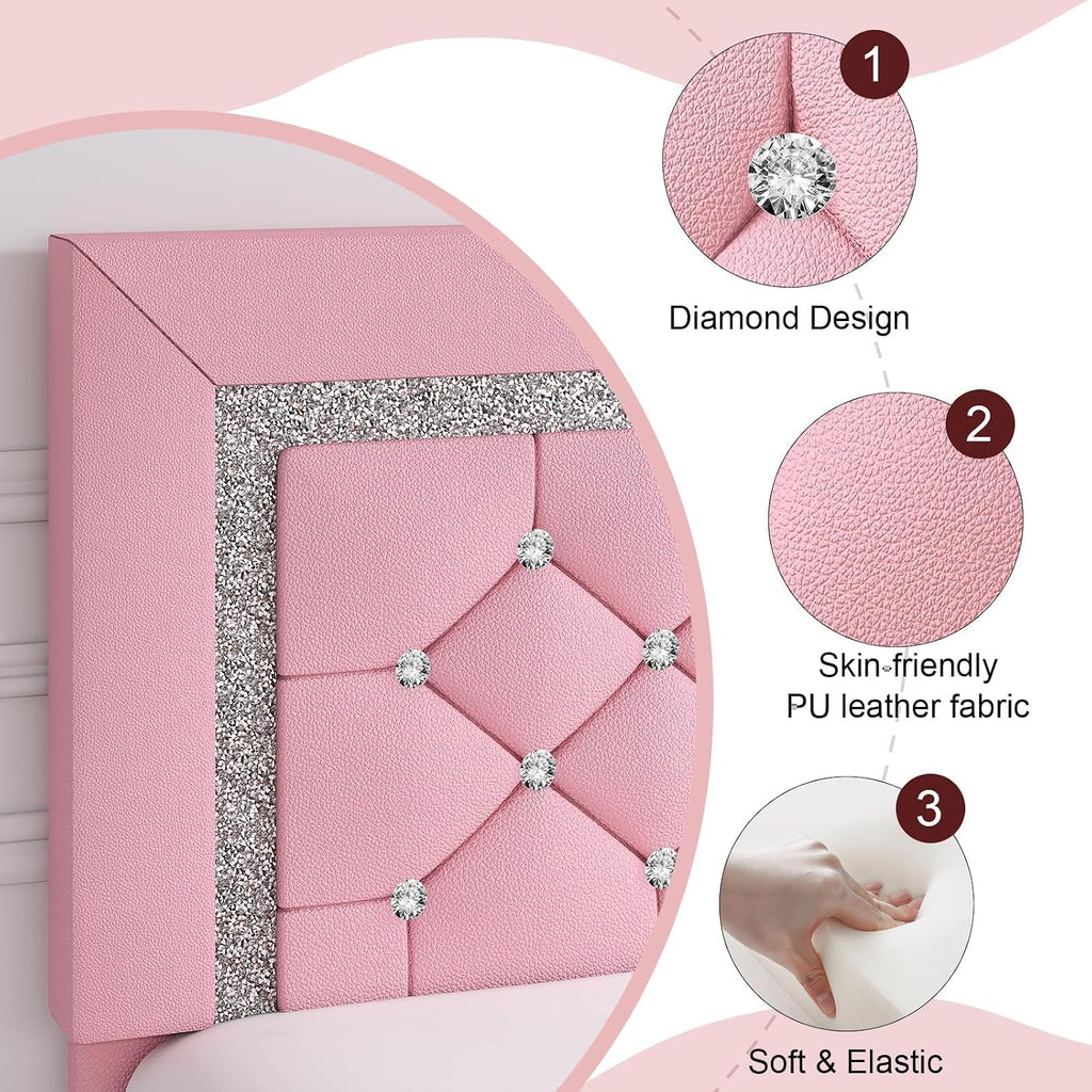 HOMBCK Full Size Bed Frame with Diamond Headboard, Faux Leather Upholstered Platform Bed, Mattress Foundation, No Box Spring Needed, Easy Assembly, Pink