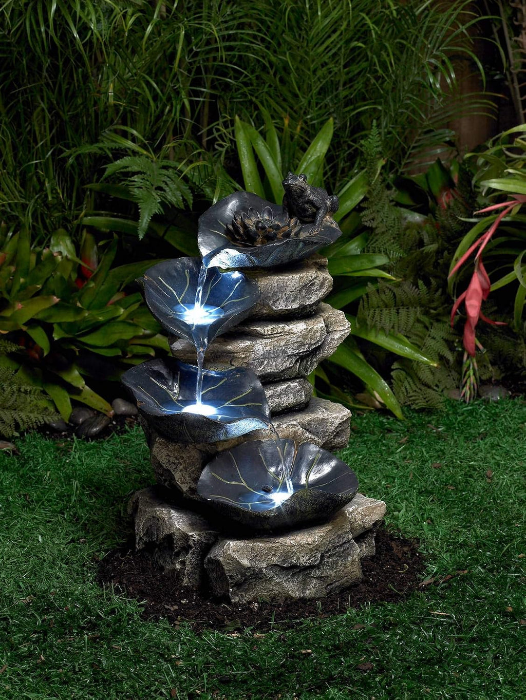 Frog and Four Lily Pad 21' High Large Rustic Indoor Outdoor Cottage Core Decor Faux Stone Floor Fountain with Light LED Standing Waterfall Water Feature for Outside Garden Patio Yard - John Timberland