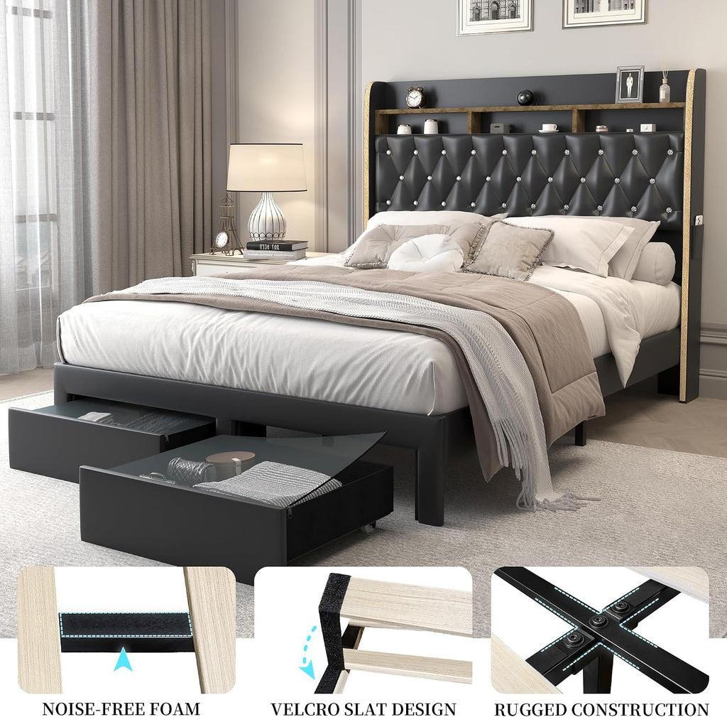 SIBEDS Queen LED Bed Frame with 2 Storage Drawers, PU Upholstered Platform Beds with Galaxy Star Projector Charging Station Speaker, Aurora Bedframe with 2-Tier Storage Headboard, Noise-Free, Black