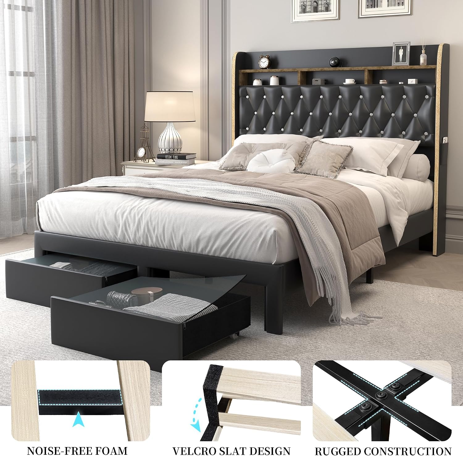 SIBEDS Queen LED Bed Frame with 2 Storage Drawers, PU Upholstered Platform Beds with Galaxy Star Projector Charging Station Speaker, Aurora Bedframe with 2-Tier Storage Headboard, Noise-Free, Black