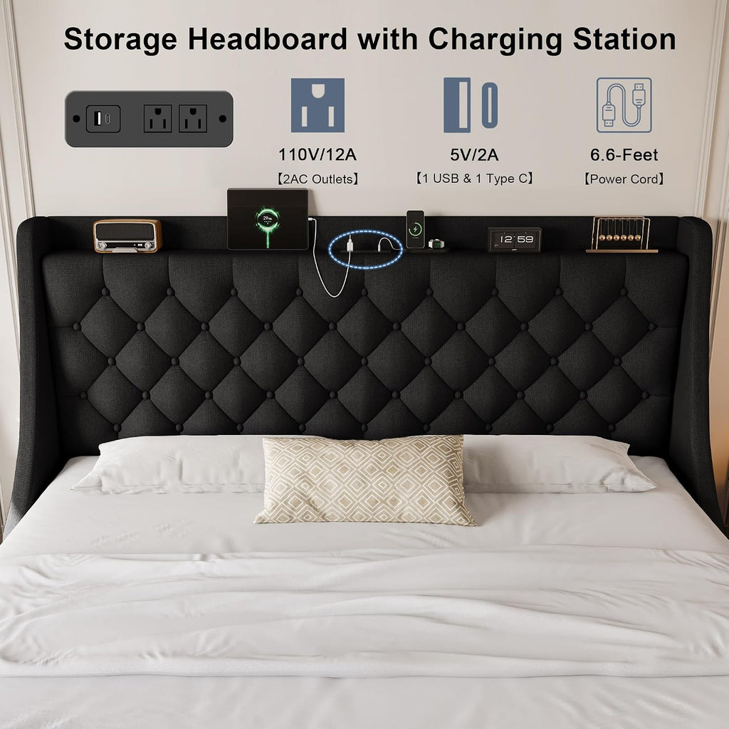Bed Frame King Size with 4 Storage Drawers & Charging Station, Linen Upholstered Platform Bed with Button Tufted Wingback Headboard, Sturdy Wooden Support Slats, No Box Spring Needed, Black