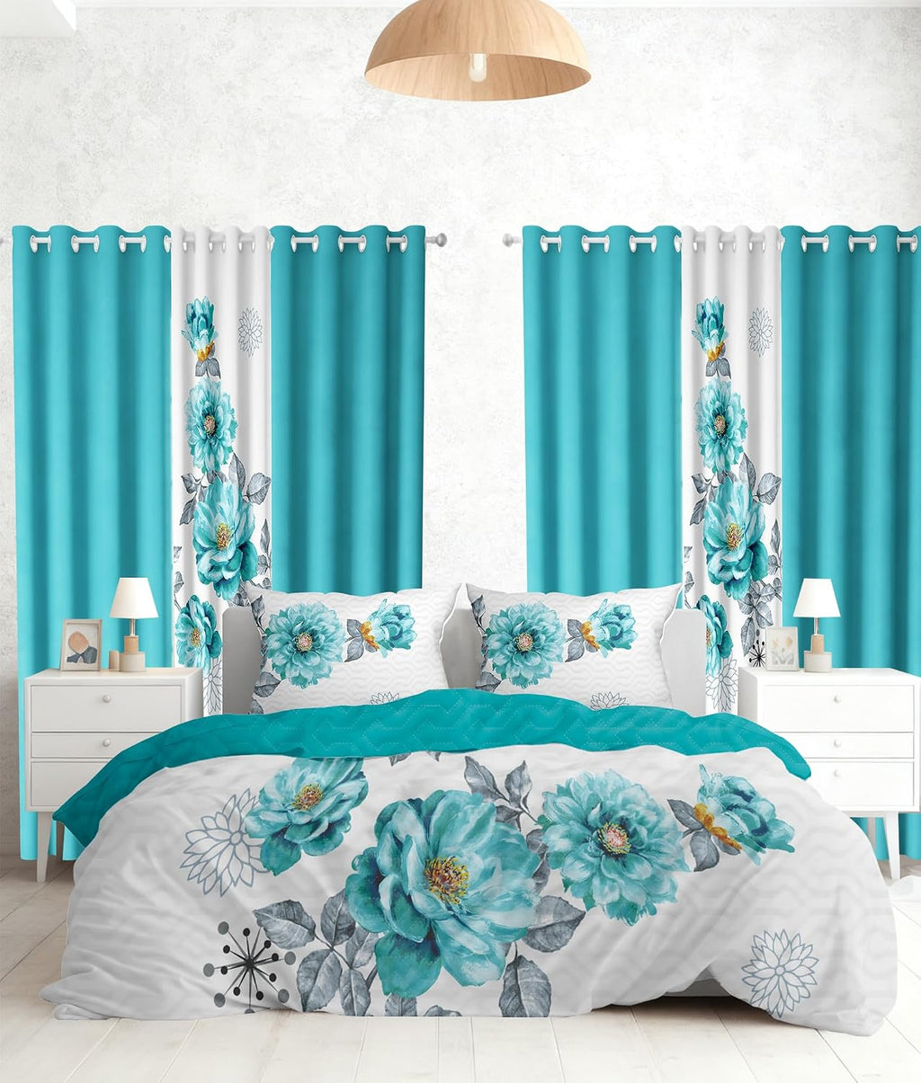 9 Pcs Cal King Bed in A Bag with Curtains | Teal Floral Bedspread, 2 Pillowcases, 2 Print & 4 Solid Curtains | Microfiber, Cotton-Like Touch | Bedroom | Bedspread and Curtain Sets