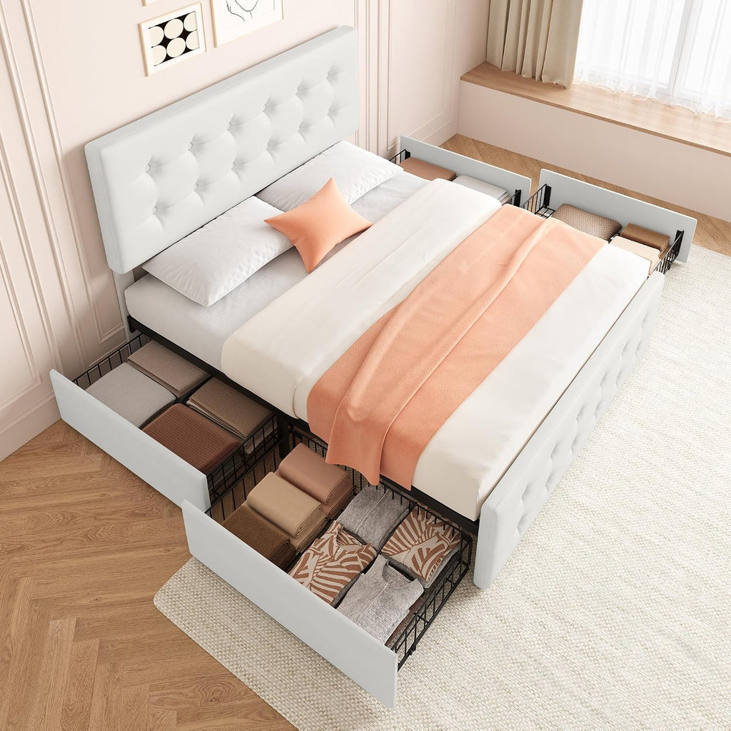 IDEALHOUSE Queen Size Bed Frame with 4 Storage Drawers and Headboard, Faux Leather Upholstered Platform Bed Frame with Wooden Slats Support, Button Tufted Design, No Box Spring Needed, Beige