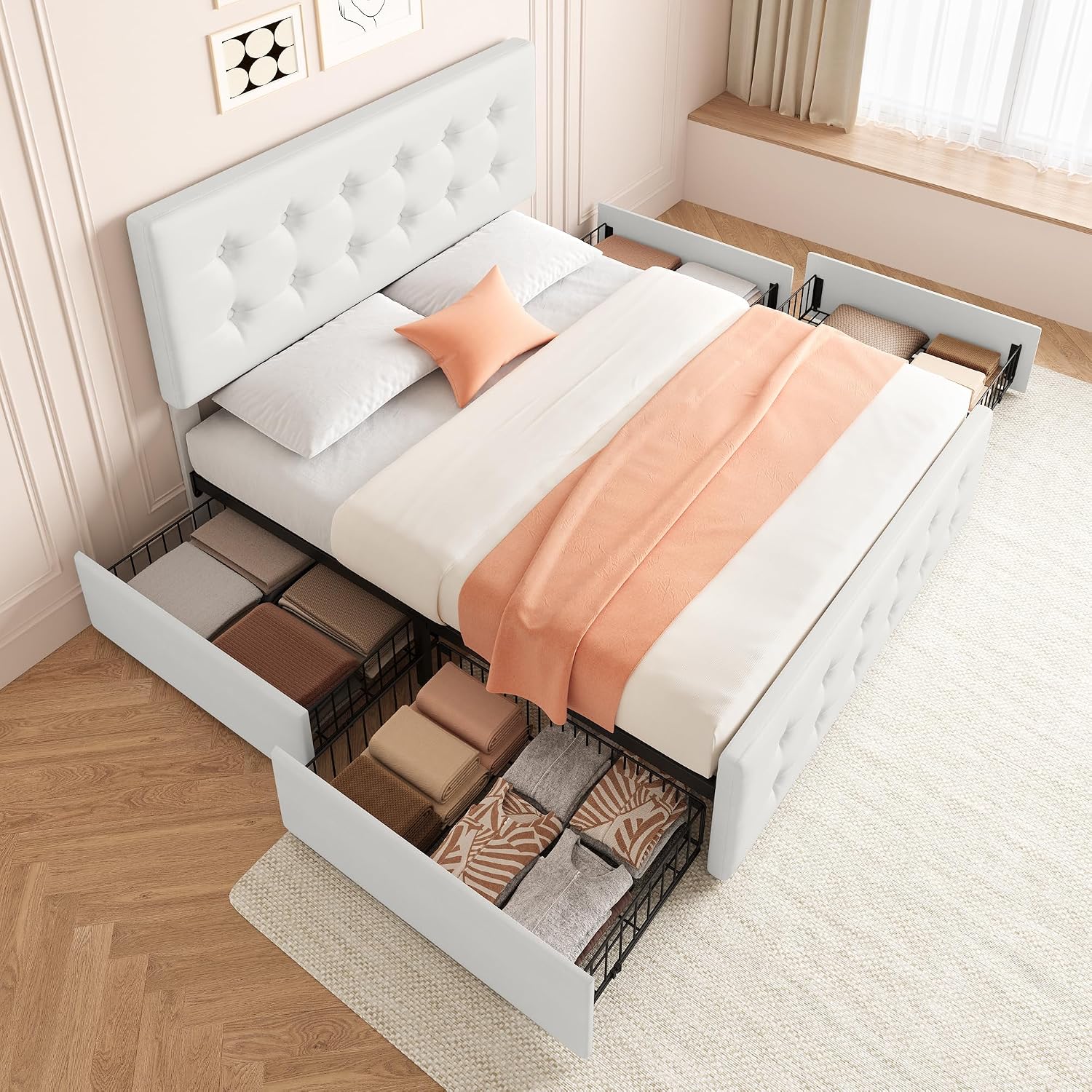 IDEALHOUSE Queen Size Bed Frame with 4 Storage Drawers and Headboard, Faux Leather Upholstered Platform Bed Frame with Wooden Slats Support, Button Tufted Design, No Box Spring Needed, Beige