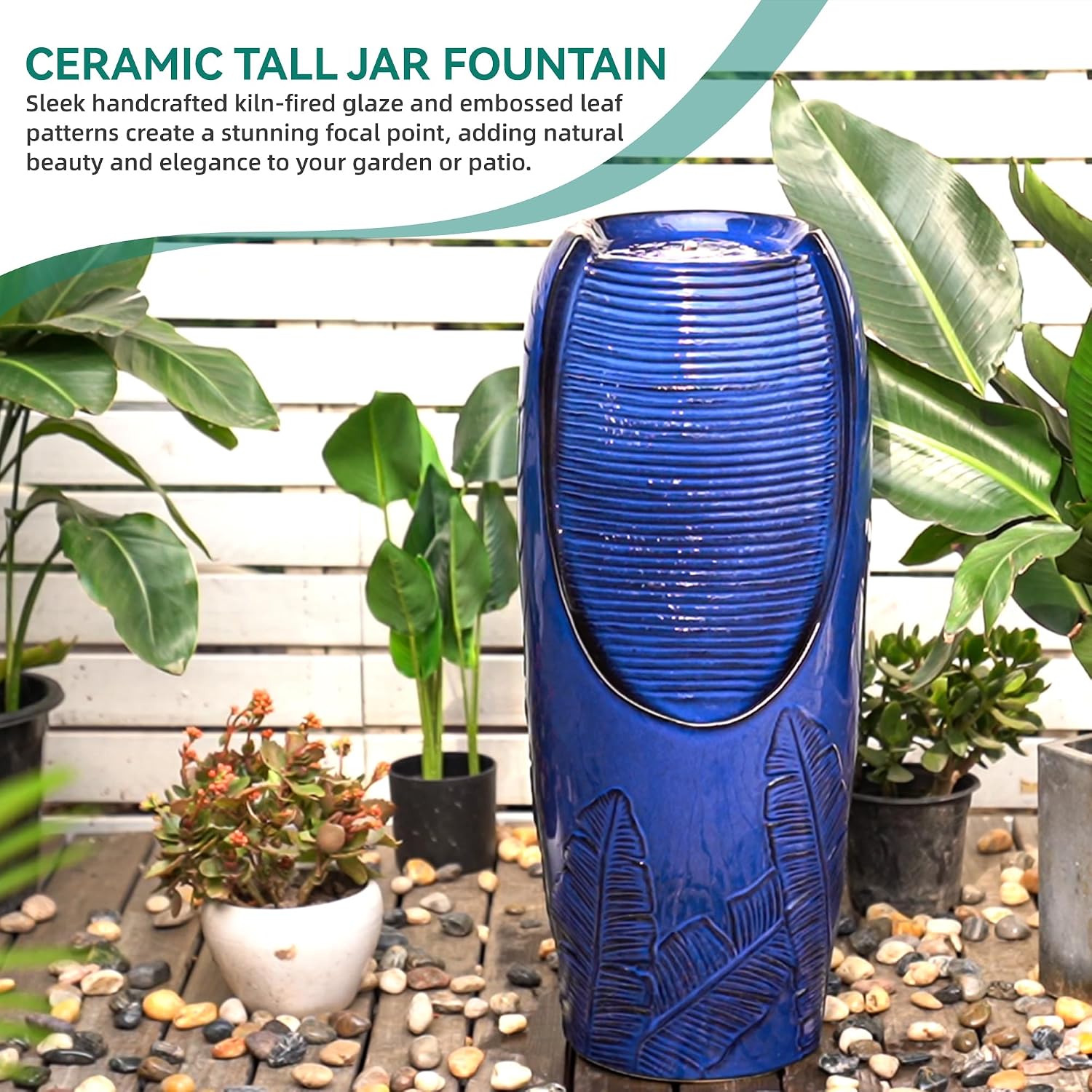 33' H Outdoor Garden Fountain with LED Lights, Modern Ceramic Jar Water Fountain, 3D Tropical Leaf Pattern, Cobalt Blue Glaze, Soothing Cascading Waterfall for Relaxing Patio, Yard, Porch