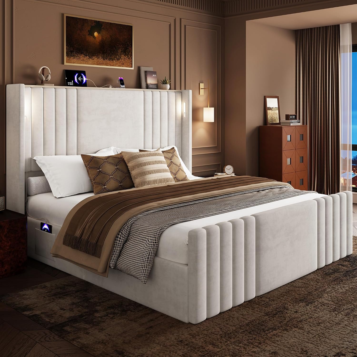 Queen Bed Frame with 55.1' Tall Headboard, Velvet Upholstered Platform Bed with Channel Tufted Wingback, 2 Reading Lights/Storage Shelf/Charging Station/Easy Assembly/Noise-Free, Cream