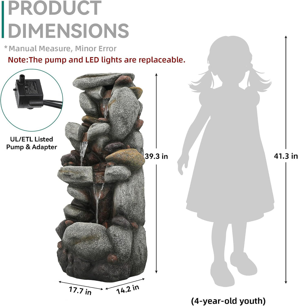 Utym 40' H Oversized Rock Outdoor Fountain with Warm LED Lights, 3-Tier Extra-Large Stacked River Pebbles Waterfall, Weather-Resistant Resin Feature for Garden Patio Yard