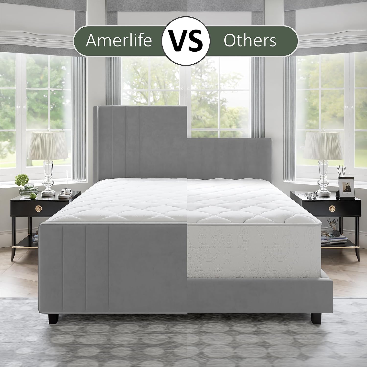 AMERLIFE King Size Bed Frame, Velvet Upholstered Platform Bed with Vertical Channel Tufted Headboard & Footboard/Wingback, Mattress Foundation with Wood Slats, No Box Spring Needed, Light Grey