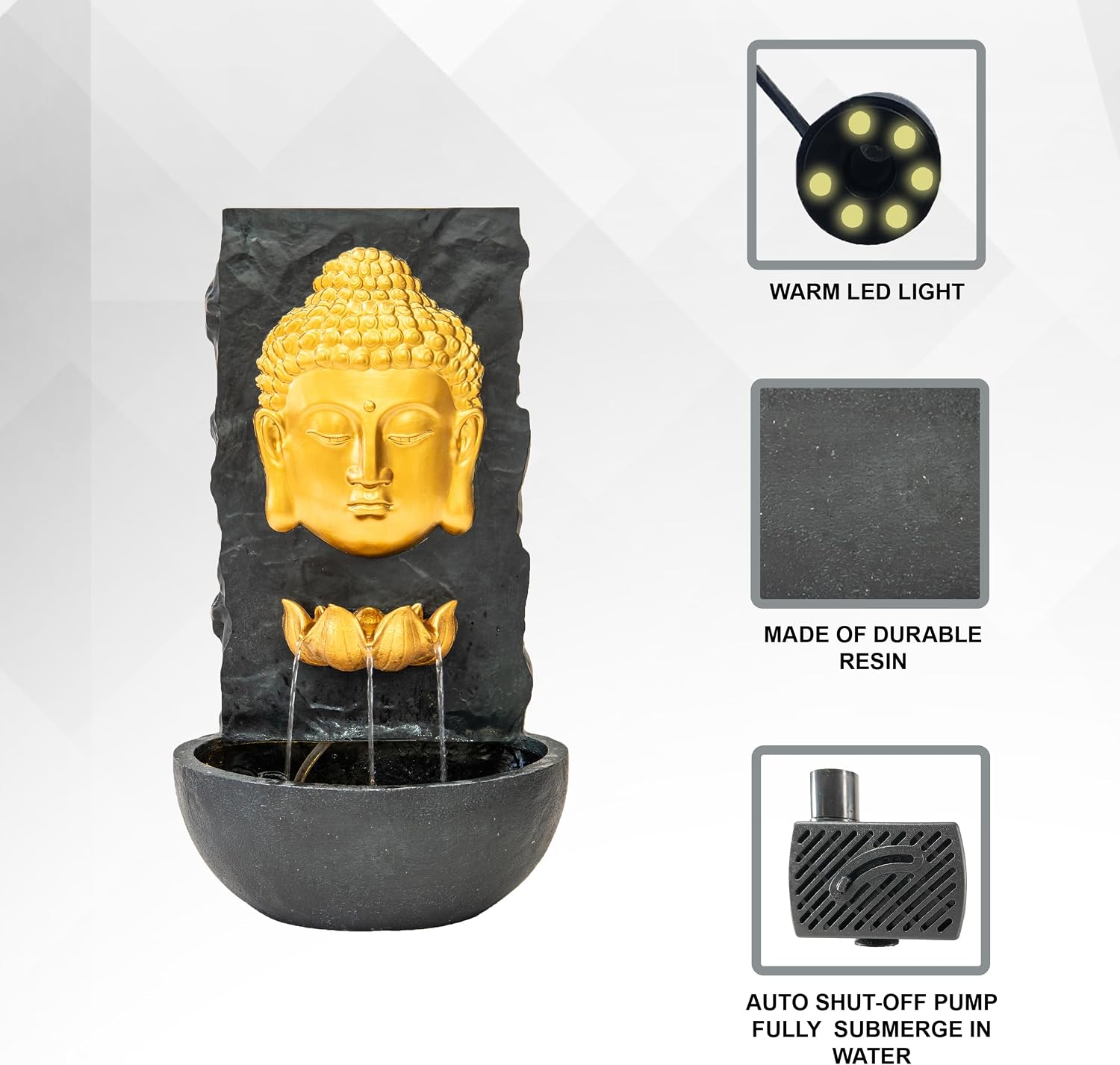 XBrand 30 in H Fiber Resin Wall Buddha Zen Outdoor Garden Water Fountain w/Warm LED Light, Gold