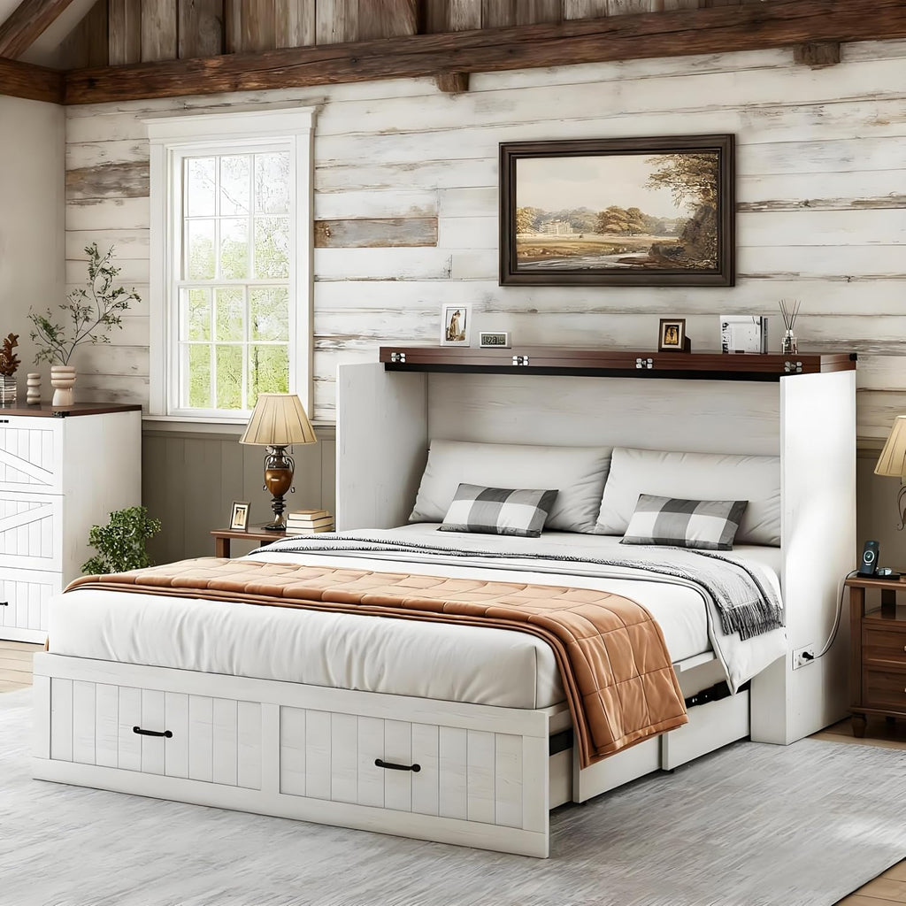 Full Size Murphy Bed with Charging Station and Large Drawer, Farmhouse Cabinet Bed with Storage, Multifunctional Wood Hidden Folding Bed Frame for Bedroom, White