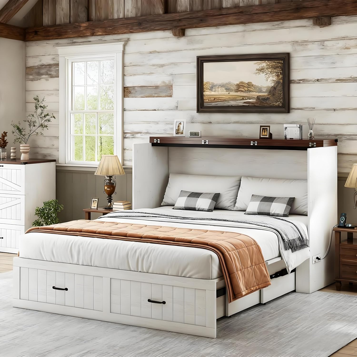 Full Size Murphy Bed with Charging Station and Large Drawer, Farmhouse Cabinet Bed with Storage, Multifunctional Wood Hidden Folding Bed Frame for Bedroom, White