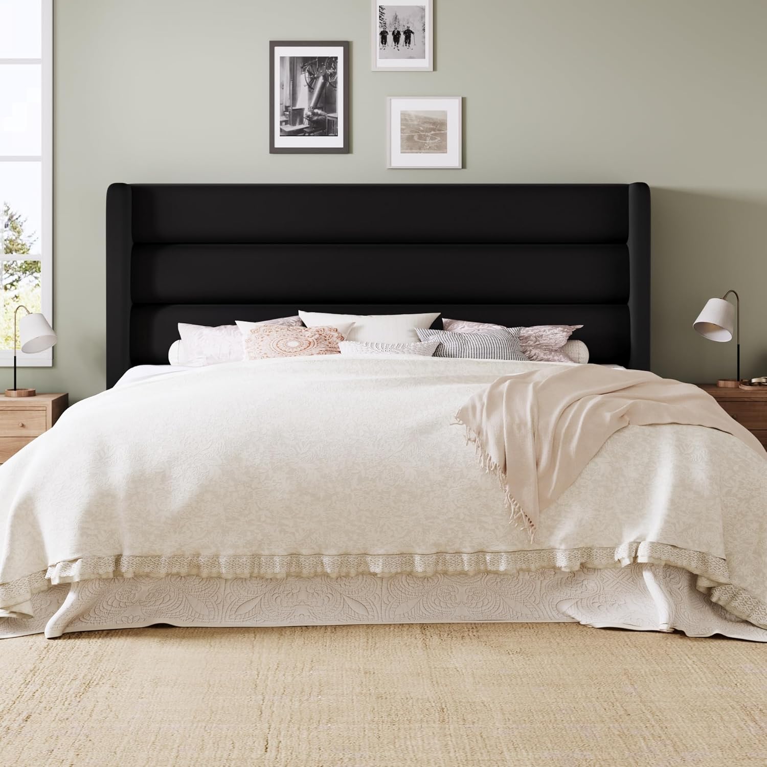Allewie Queen Size Platform Bed Frame with Velvet Upholstered Wingback Headboard, No Box Spring Needed, Under Bed Storage Space, Strong Wooden Slats, Modern Mattress Foundation, Easy Assembly, Black