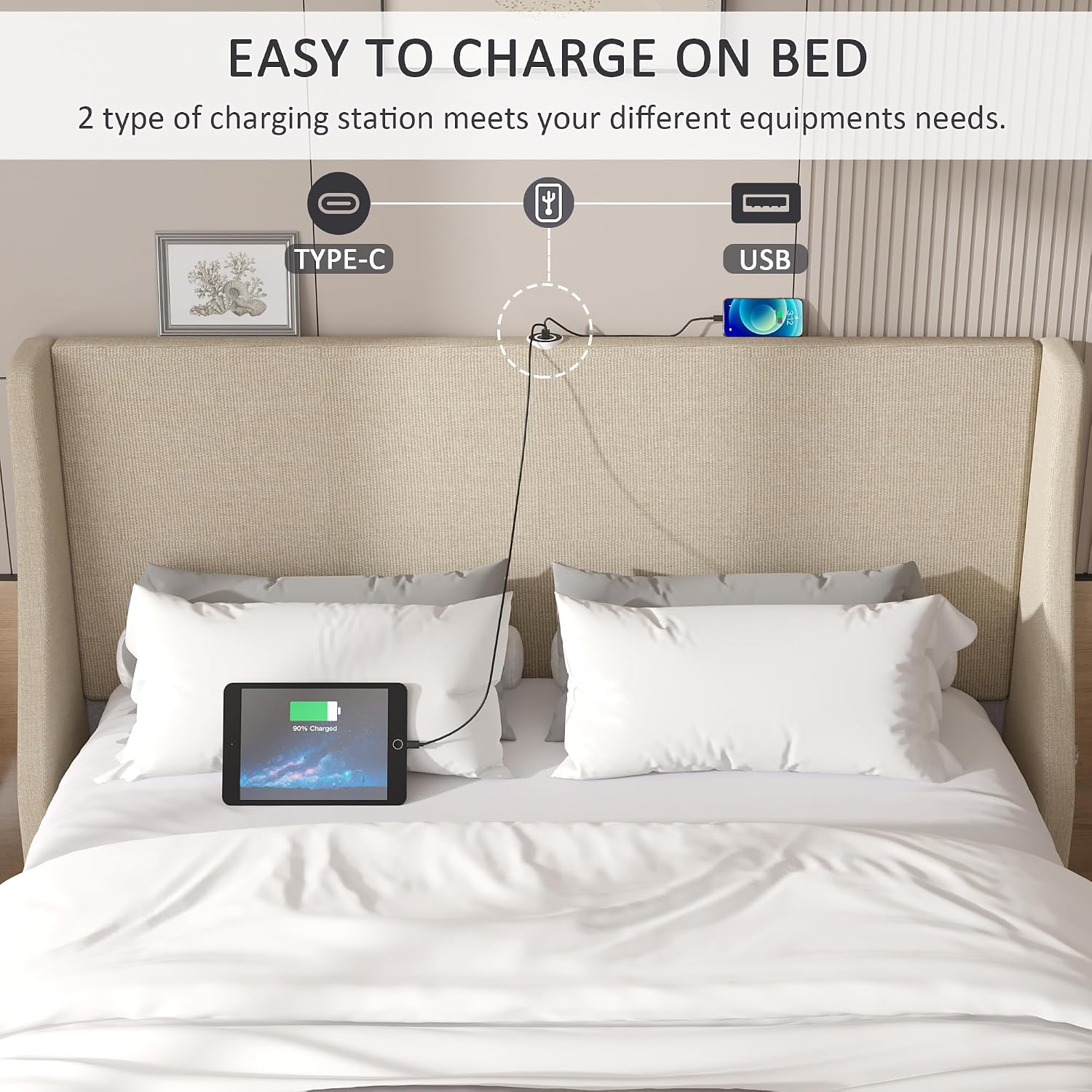 VECELO Queen Bed Frame with Upholstered Wingback Headboard, Heavy-Duty Platform Bedframe with Charging Station & Side Pockets, No Box Spring Needed, Beige