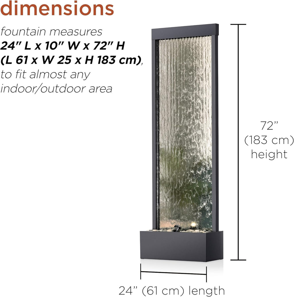 Alpine Corporation Mirror Waterfall Fountain with Stones and Lights - Zen Indoor/Outdoor Decor for Office, Living Room, Patio, Entryway - 72 Inches