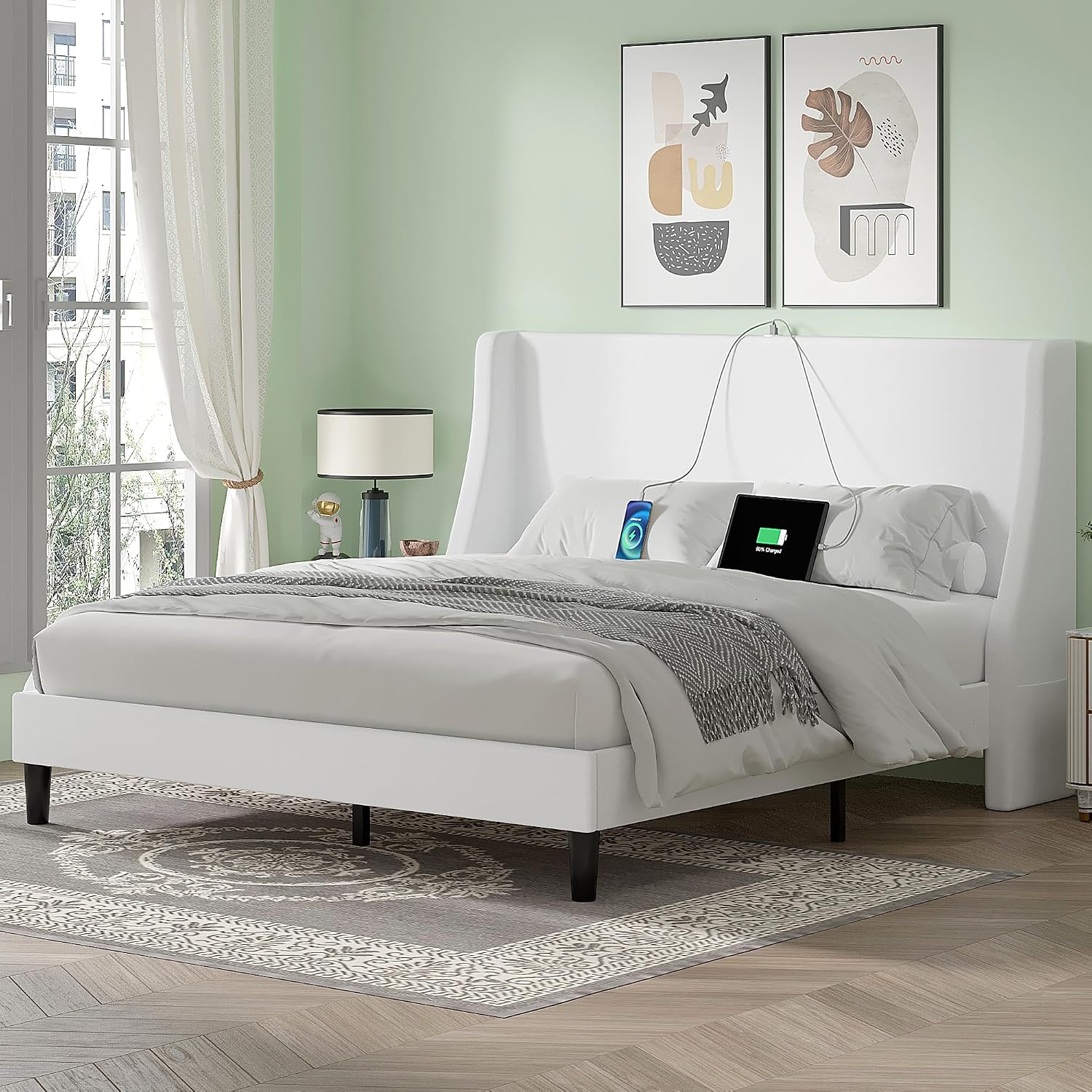 VECELO Full Bed Frame with Upholstered Wingback Headboard, Heavy-Duty Platform Bedframe with Charging Station & Side Pockets, No Box Spring Needed, White