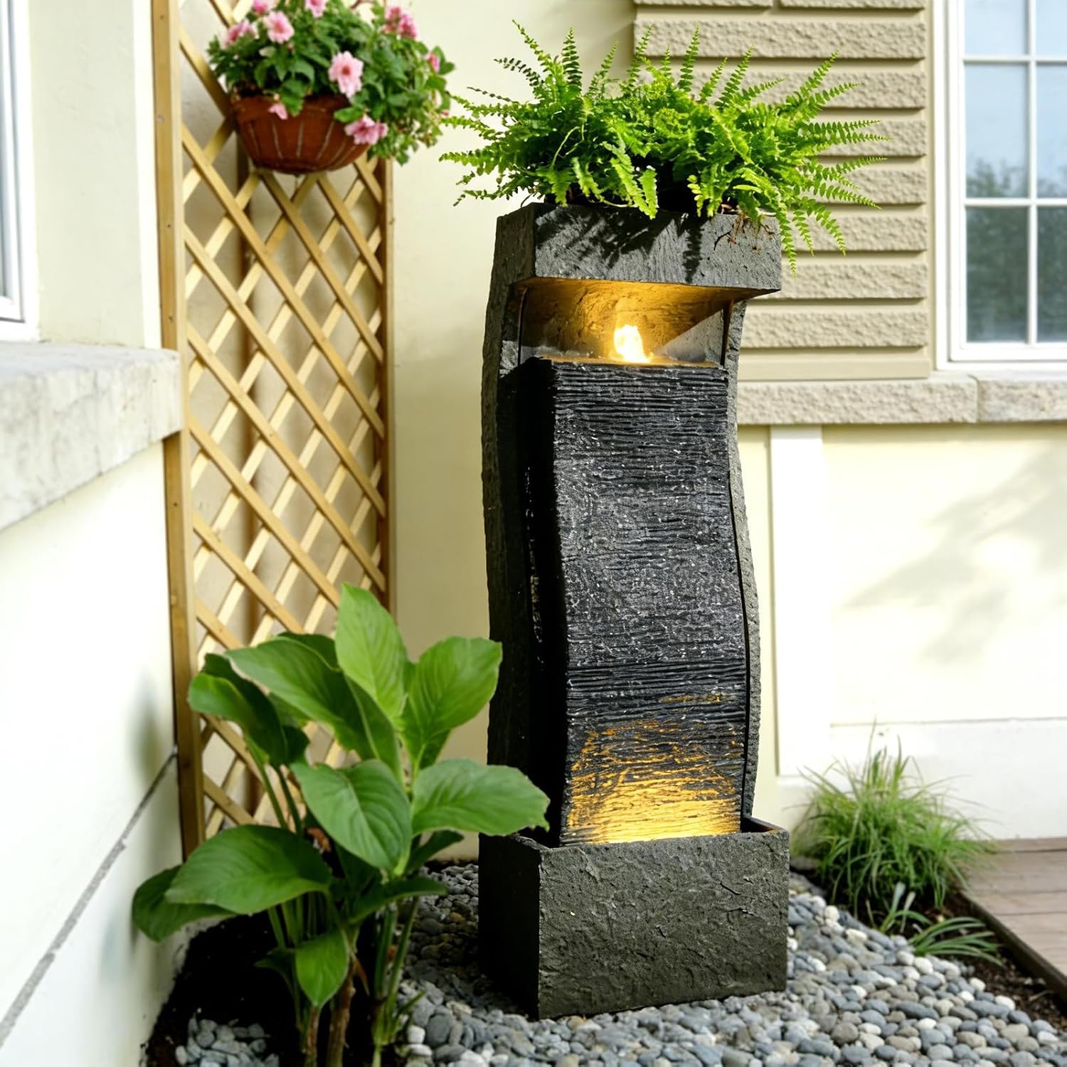 Sunlinua 35H Modern Outdoor Water Fountain with Warm Light Garden Cascading Waterfall Feature for Indoor or Outdoor Cascading Waterfall for Relaxing Garden Patio Backyard Deck Porch or Home Décor