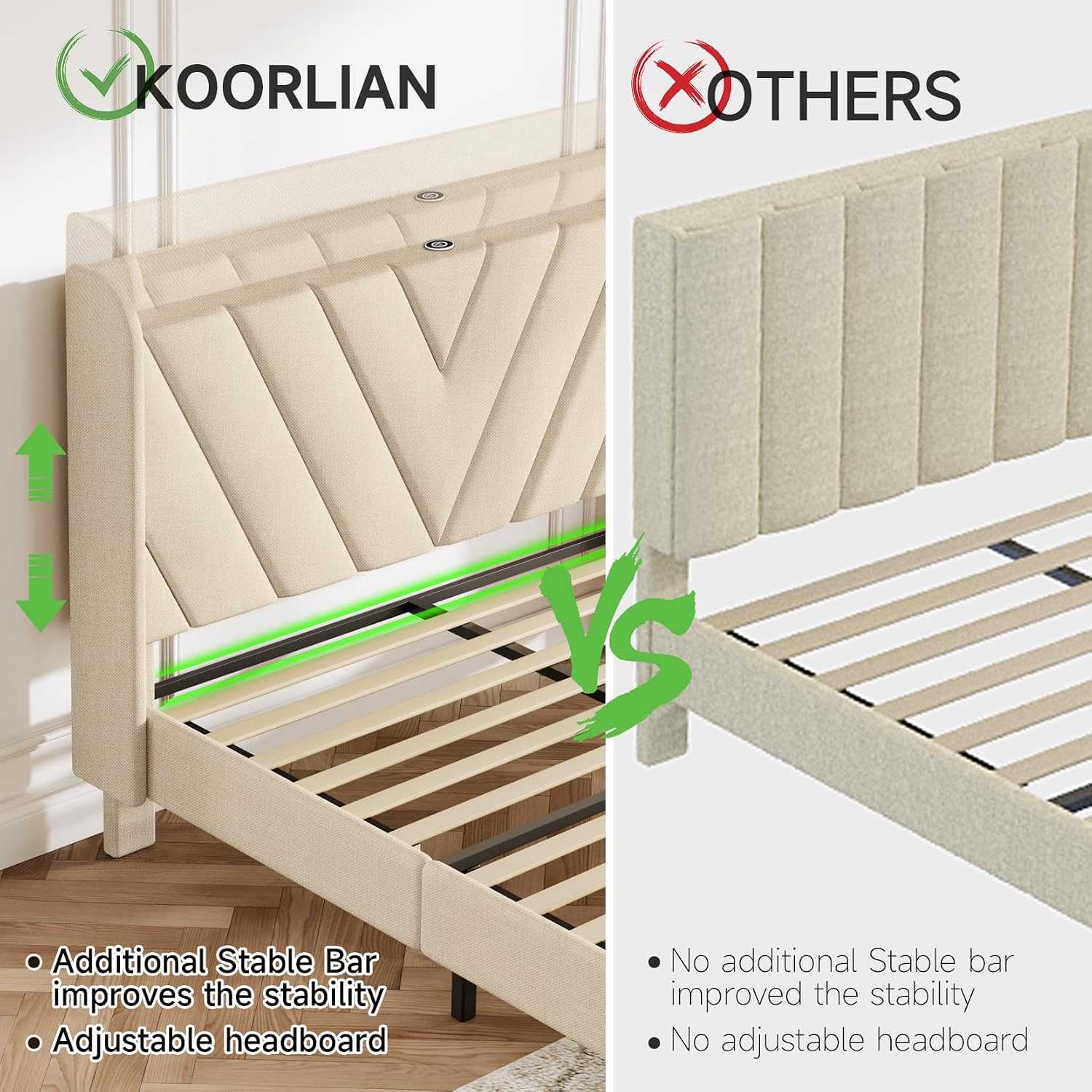 koorlian Queen Bed Frame with Headboard, Adjustable Upholstered Platform Bed Frame with Type-C&USB Ports, Wingback Storage Headboard, Solid Wood Slats Support, No Box Spring Needed, Beige