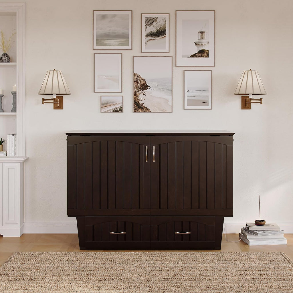 AFI, Nantucket Full Size Murphy Bed Chest with Mattress, Built-in Charging Station and Storage Drawer, Full, Espresso